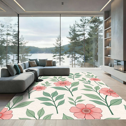 Coral Pink Floral Branch Pattern Rug