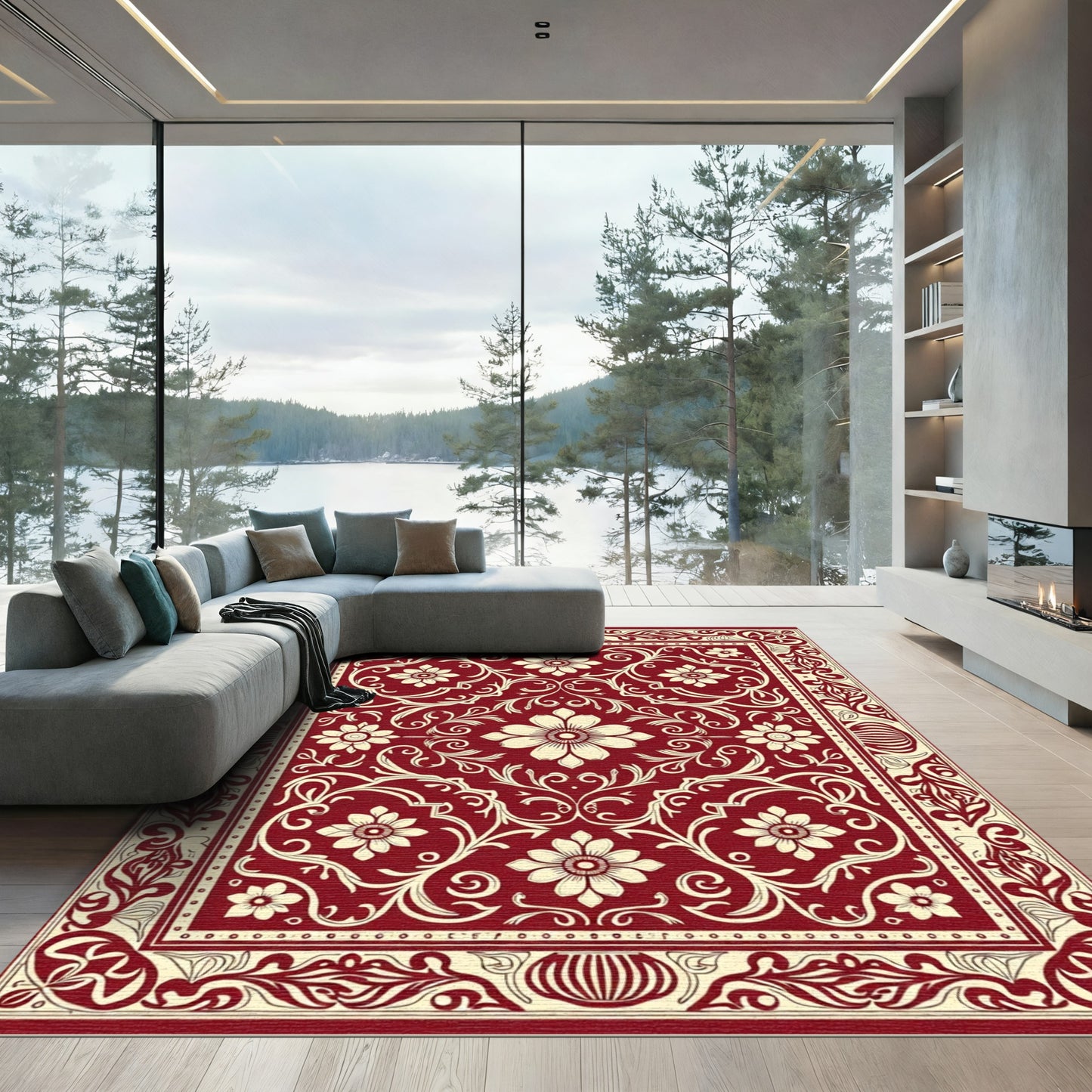 Deep Red Floral Medallion Scrollwork Rug