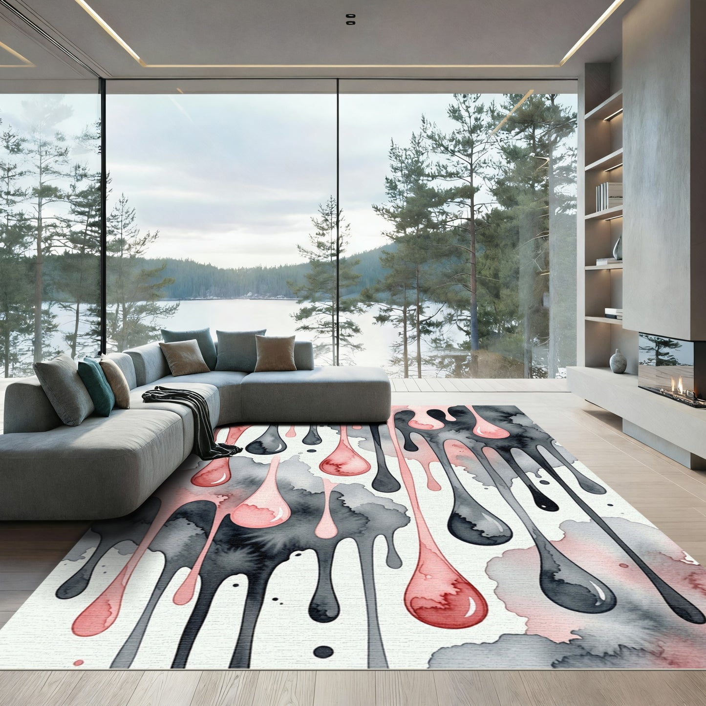 Watercolor Pink and Black Liquid Drip Rug