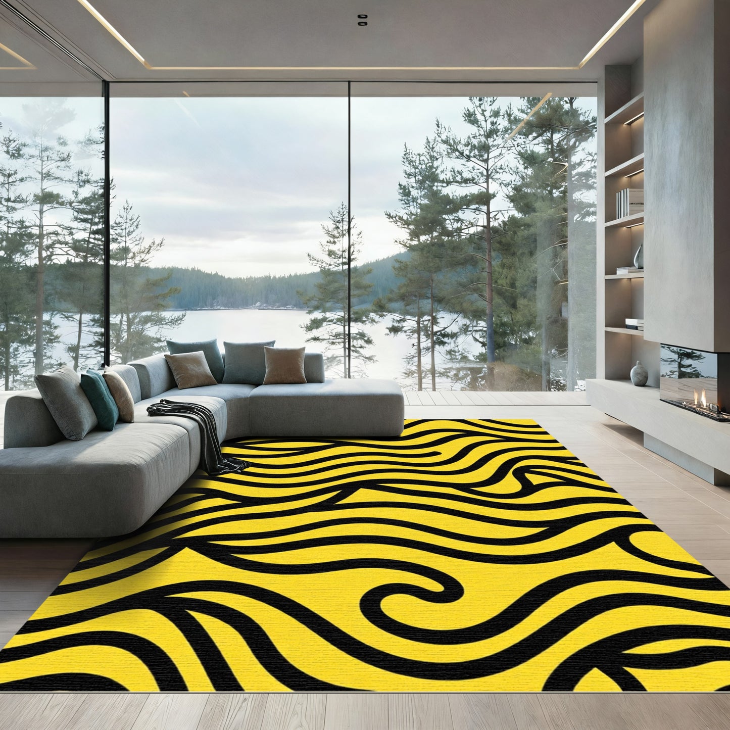 Bold Yellow Black Wavy Lines Rug