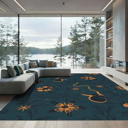 Orange Floral Vine Deep Teal Rug