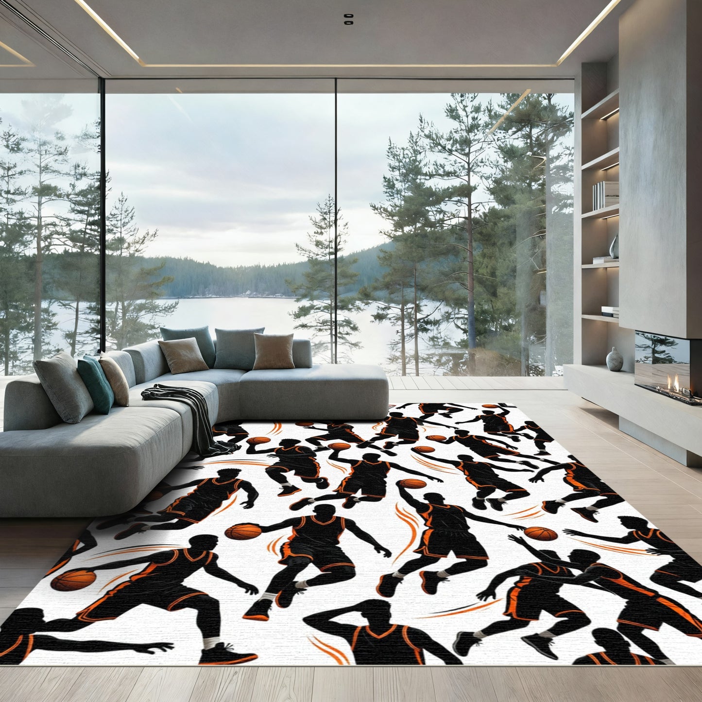 Dynamic Black and Orange Basketball Action Rug