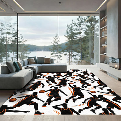 Dynamic Black and Orange Basketball Action Rug
