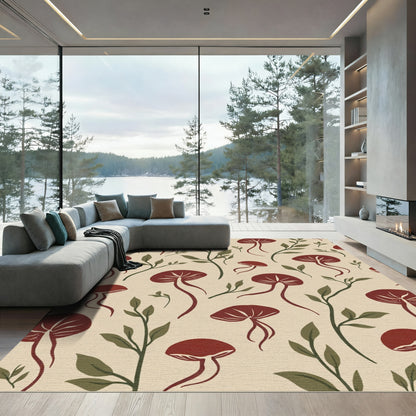Deep Red Mushroom Forest Vines Rug