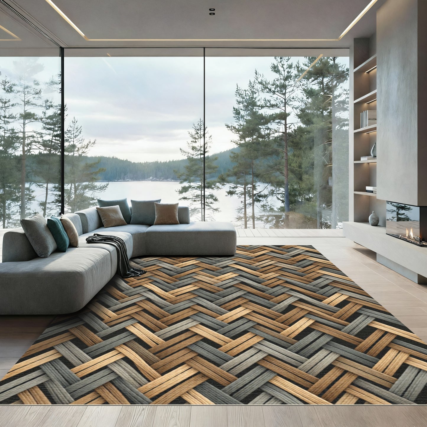 Woven Tan Gray Herringbone Texture Rug