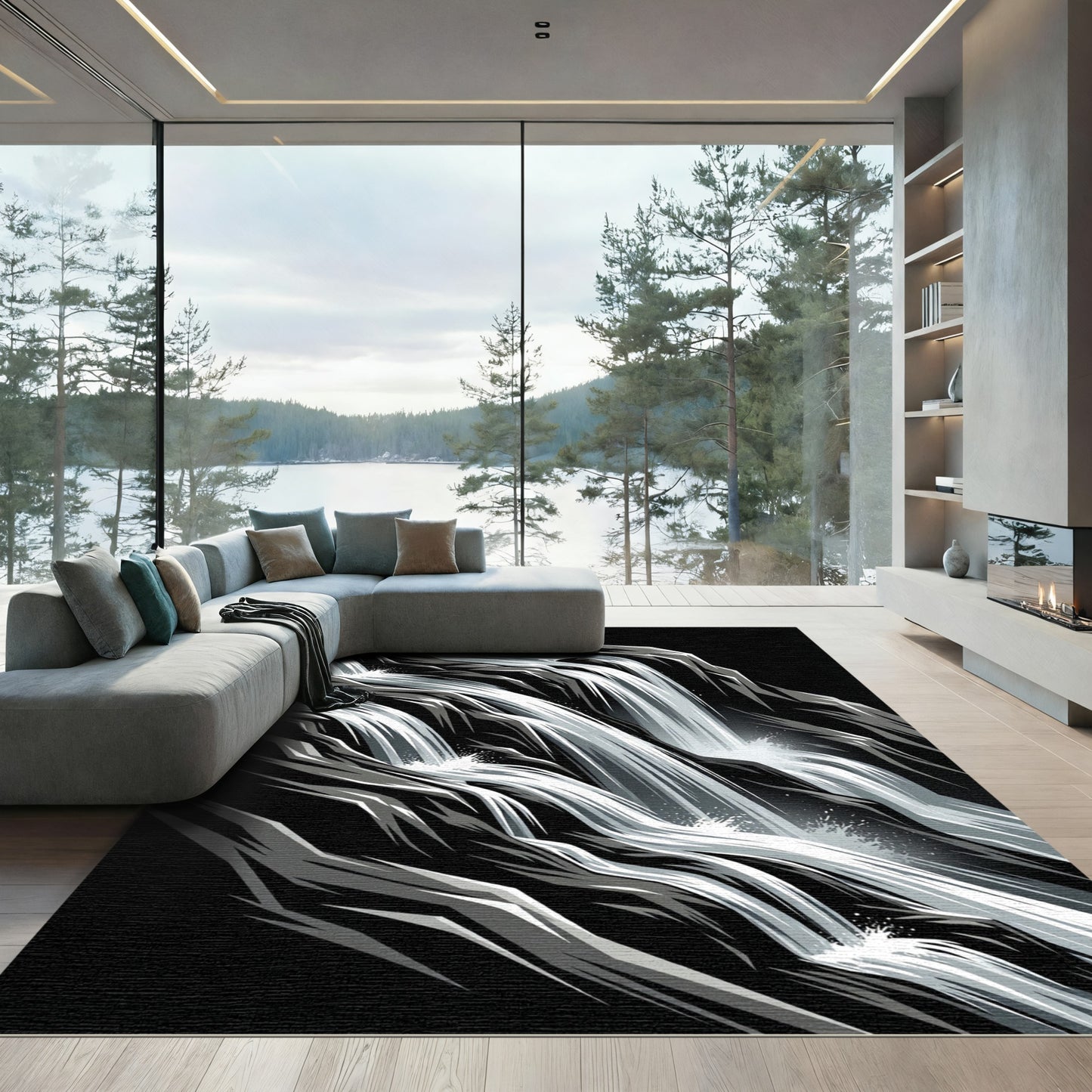 Dynamic Black White Waterfall Cascade Rug