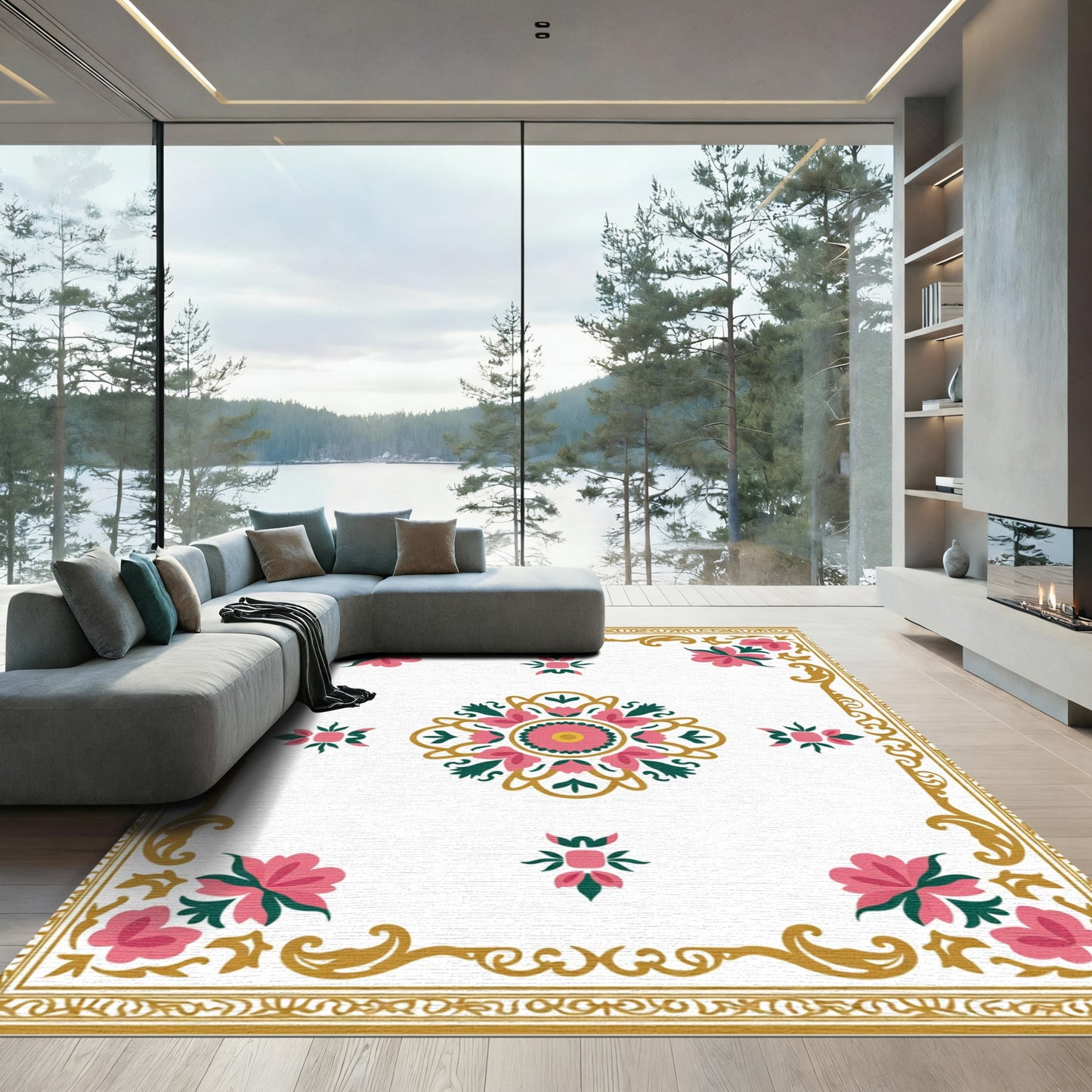 Vibrant Pink Floral Medallion Scroll Rug