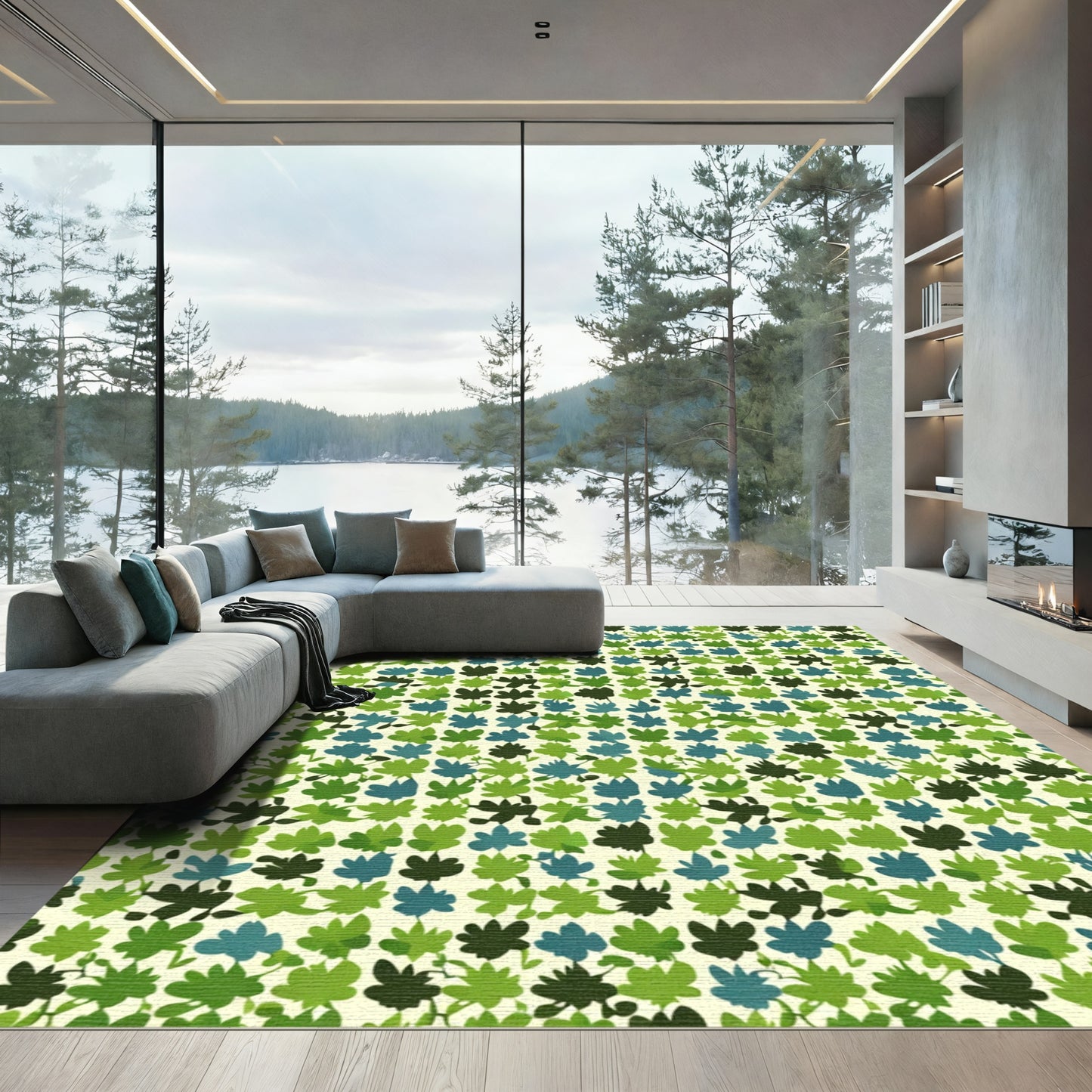 Green Leafy Textured Repeat Rug