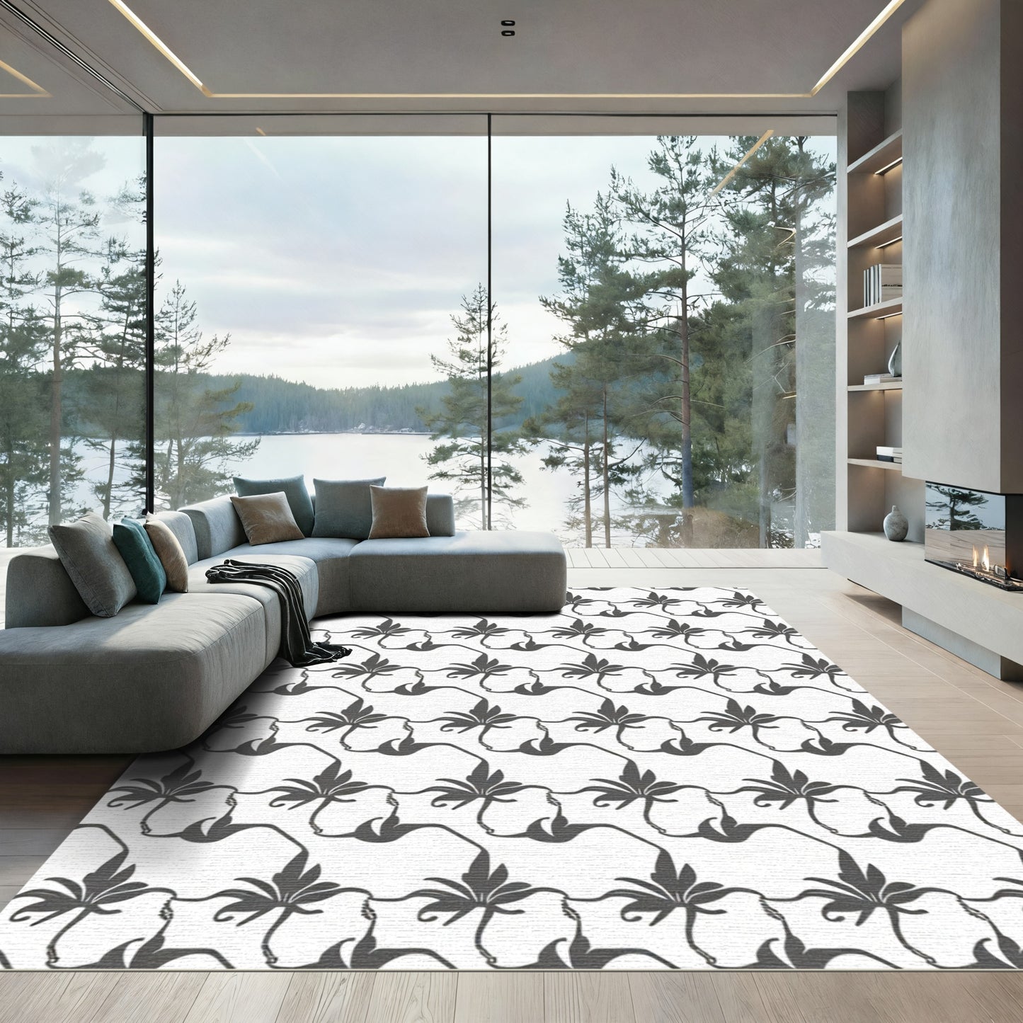 Dark Gray Floral Linked Silhouette Repeat Rug
