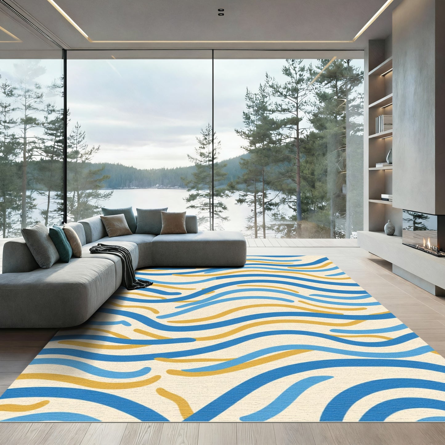 Coastal Blue and Gold Wave Pattern Rug