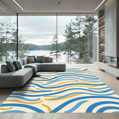 Coastal Blue and Gold Wave Pattern Rug