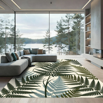 Dark Green Fern Foliage Pattern Rug