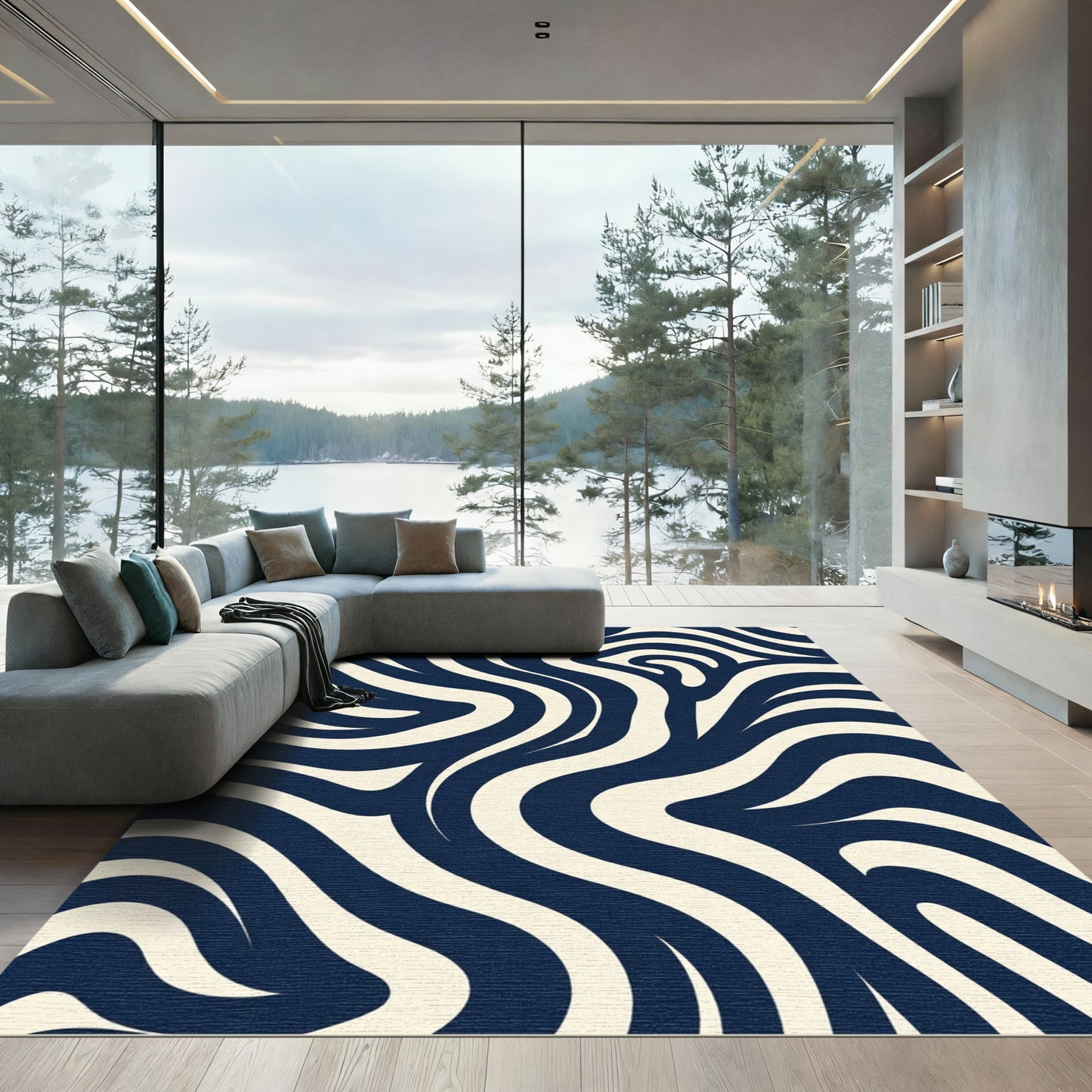 Navy Cream Abstract Swirl Rug