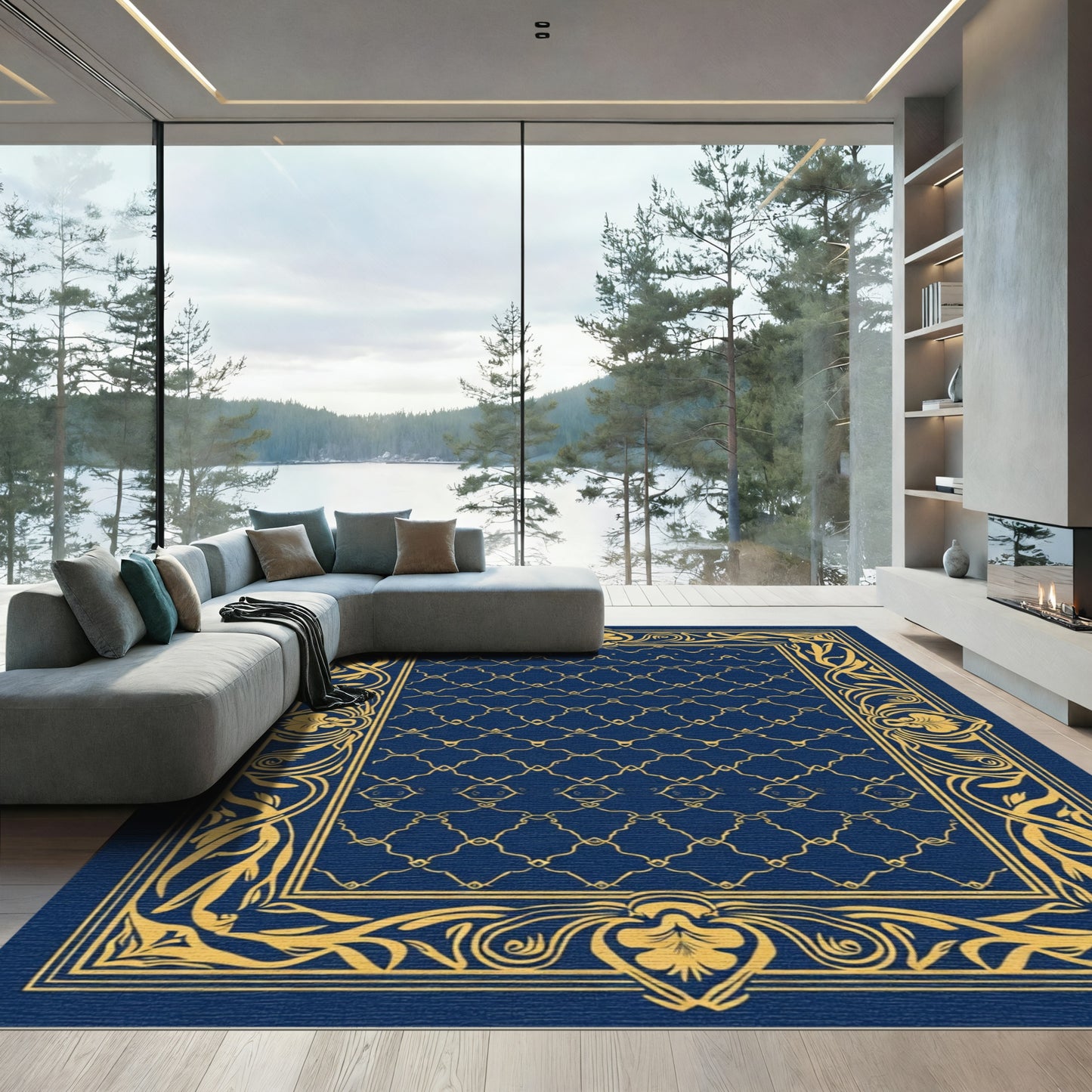 Ornate Gold Vine Border Navy Rug