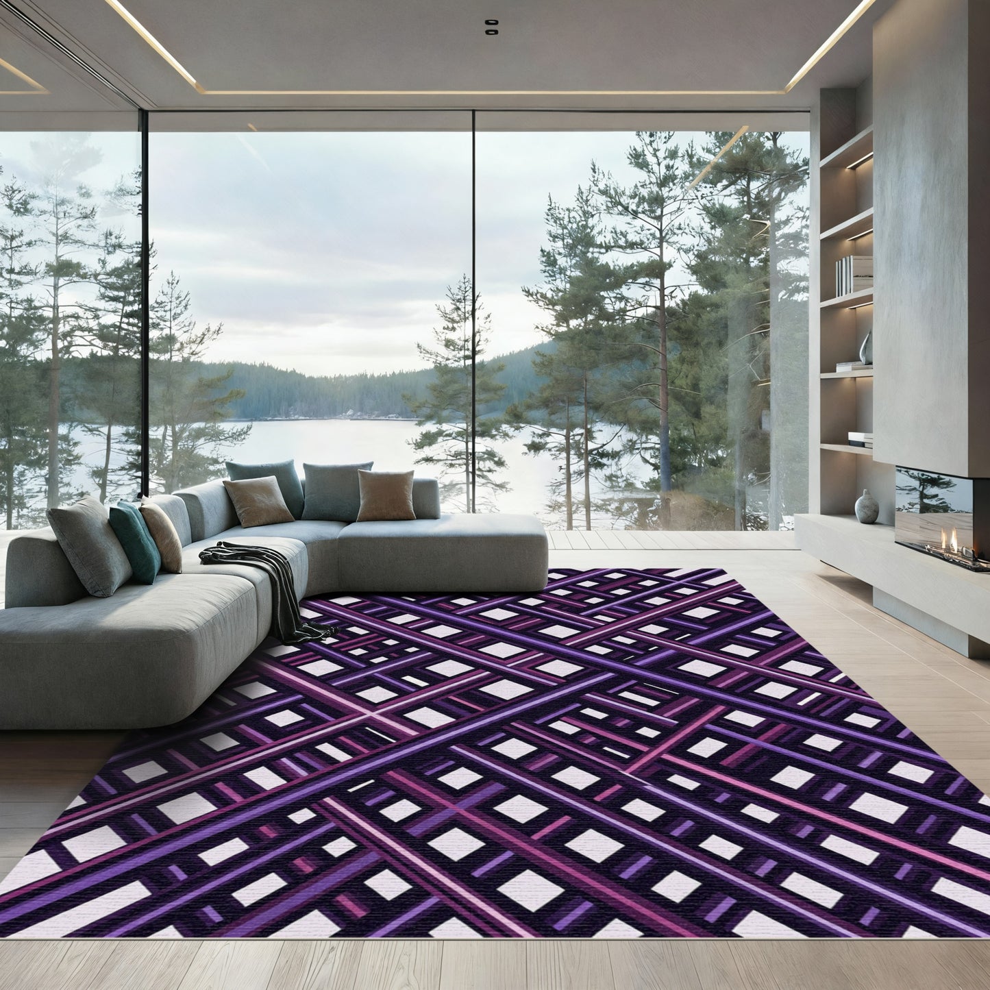 Modern Purple Geometric Lattice Grid Rug
