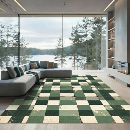 Vintage Sage and Forest Checkered Grid Rug