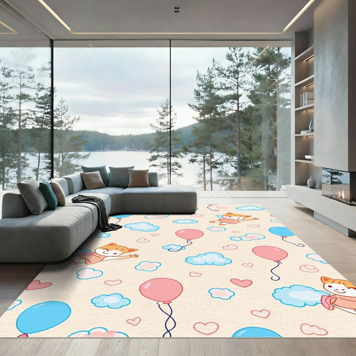 Whimsical Cat Balloon Cloud Heaven Rug