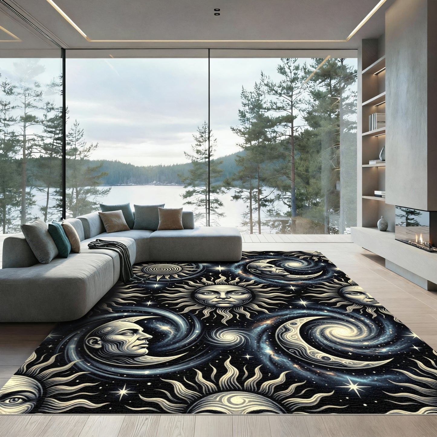 Cosmic Sun Moon Galaxy Swirl Rug