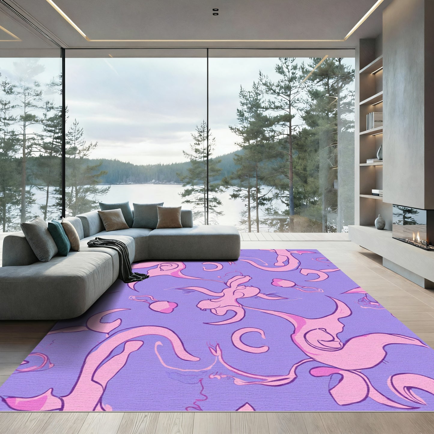 Whimsical Pink Swirls Lavender Abstract Rug
