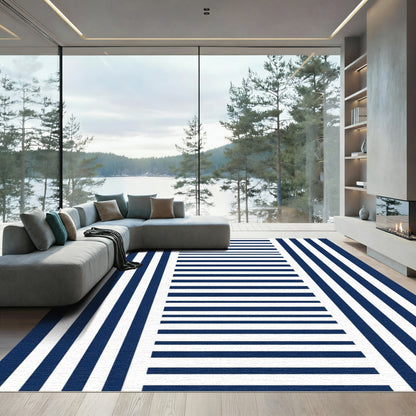 Navy White Vertical Horizontal Stripe Rug