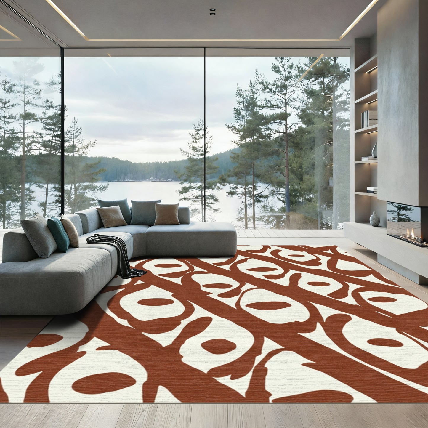 Abstract Organic Ochre Diagonal Swirl Rug