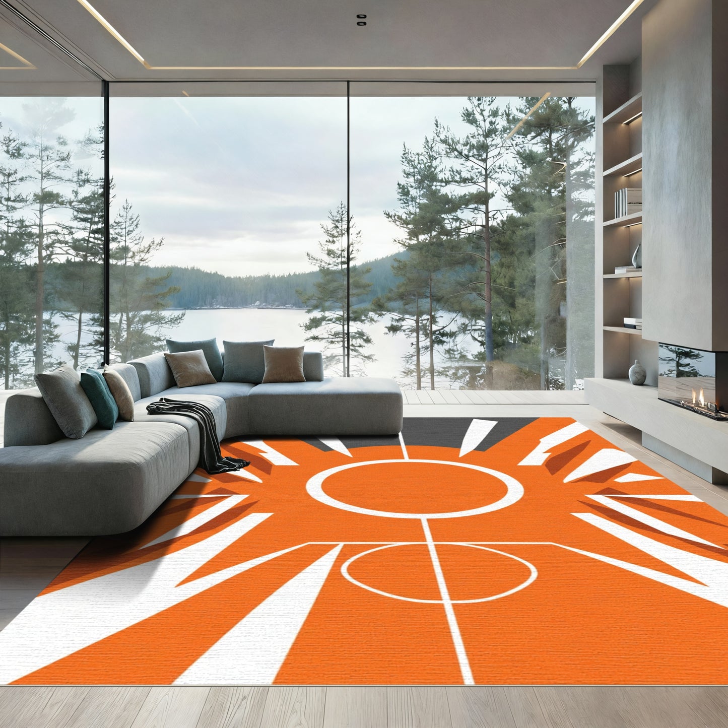 Sun Burst Geometric Orange White Rug