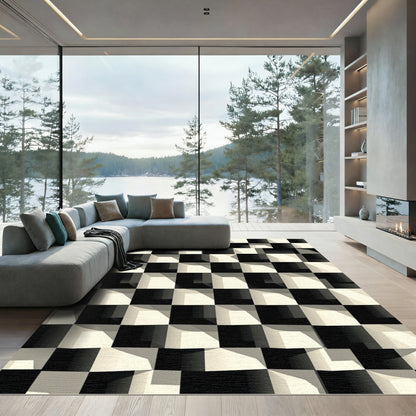Monochromatic 3D Illusion Checkerboard Rug