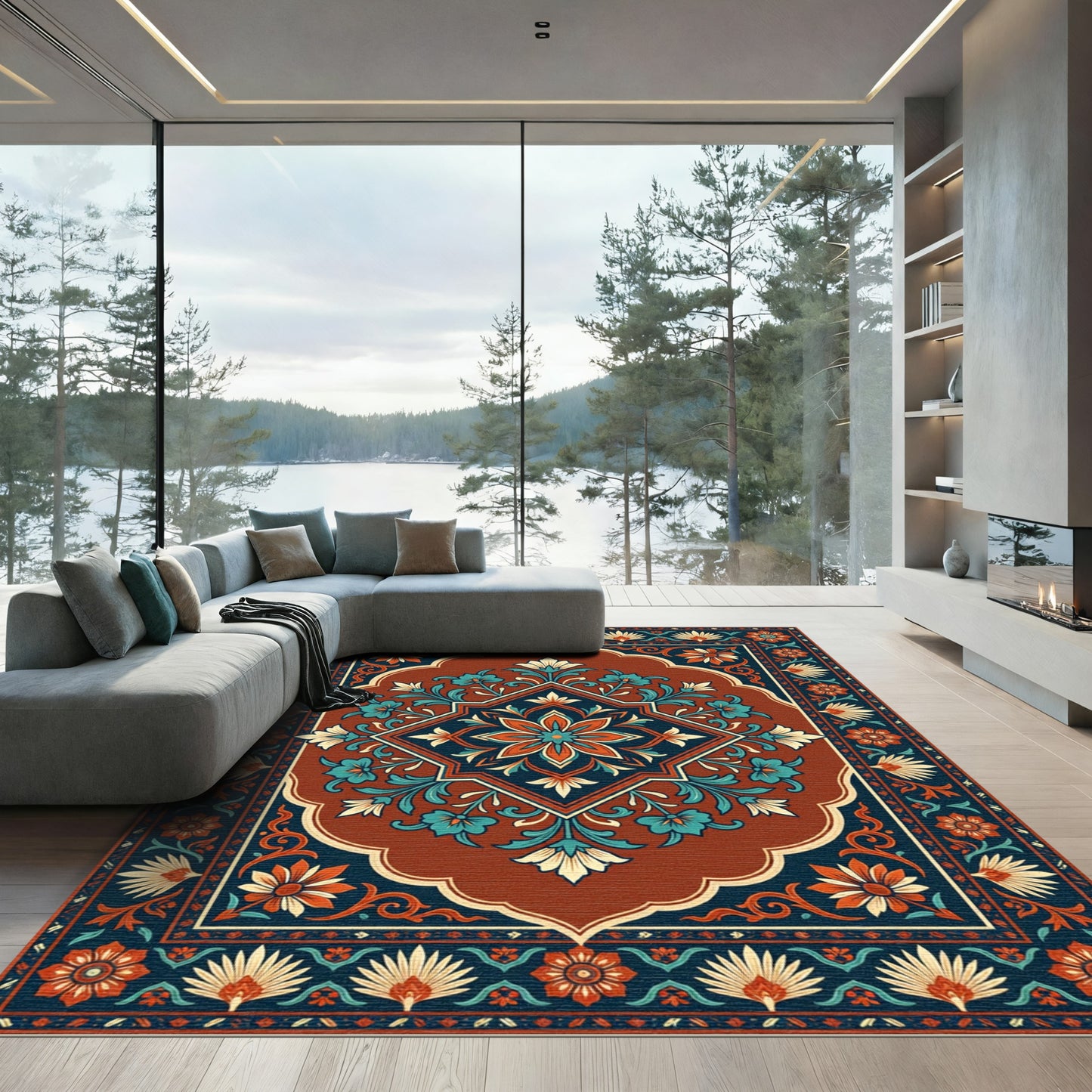 Terracotta Teal Floral Medallion Square Rug