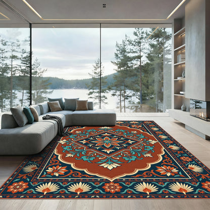 Terracotta Teal Floral Medallion Square Rug