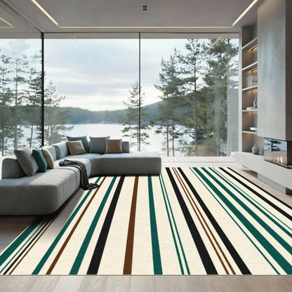 Cream Dark Teal Brown Black Stripe Rug