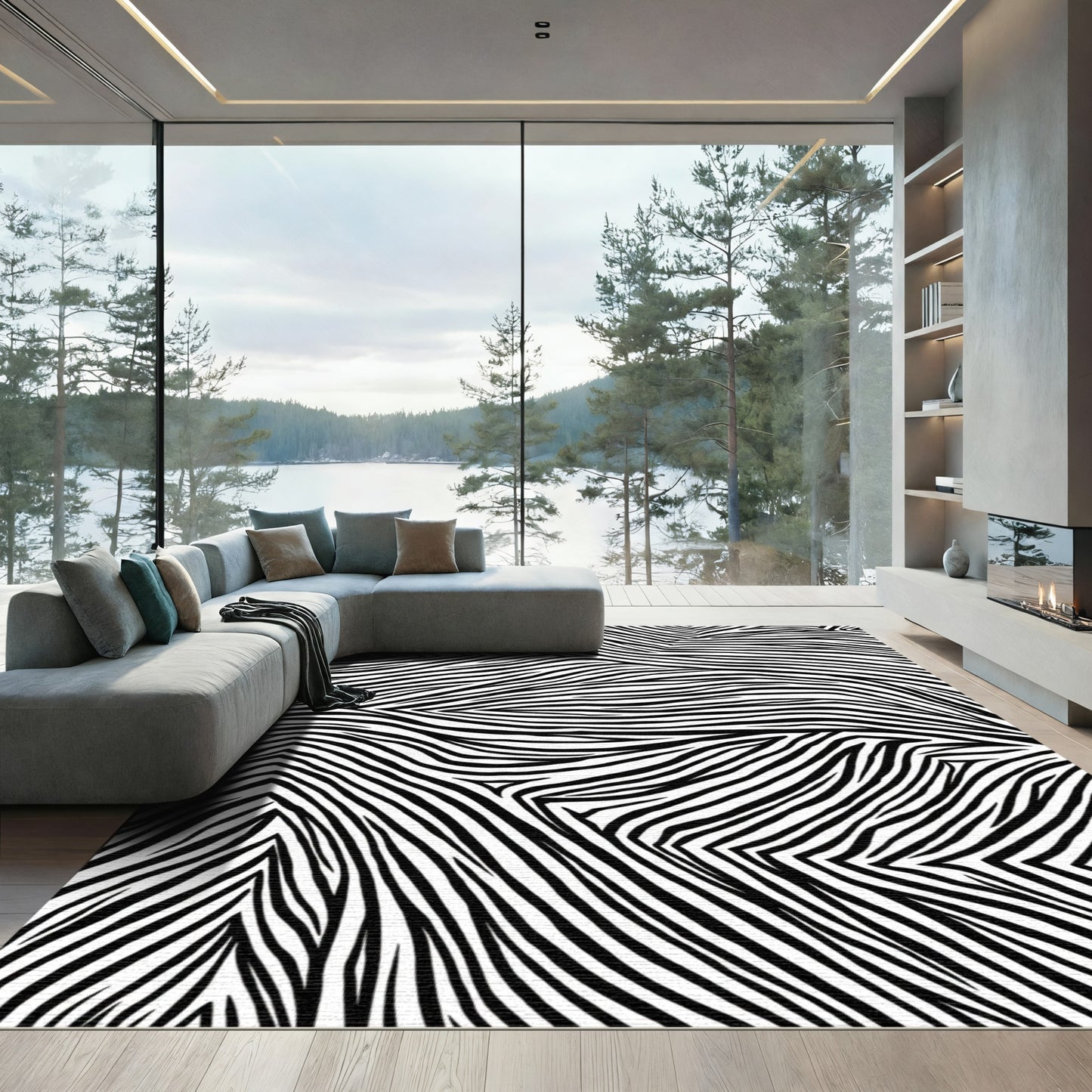 Jaguar Swirl Black White Lines Rug
