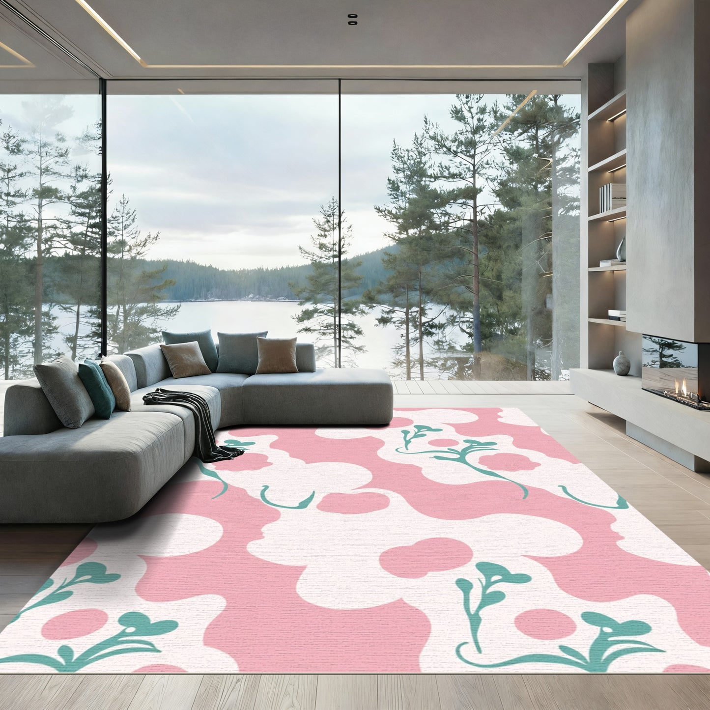 Soft Pink Silhouette Floral Botanical Rug