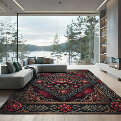 Ornate Crimson Lotus Diamond Medallion Rug