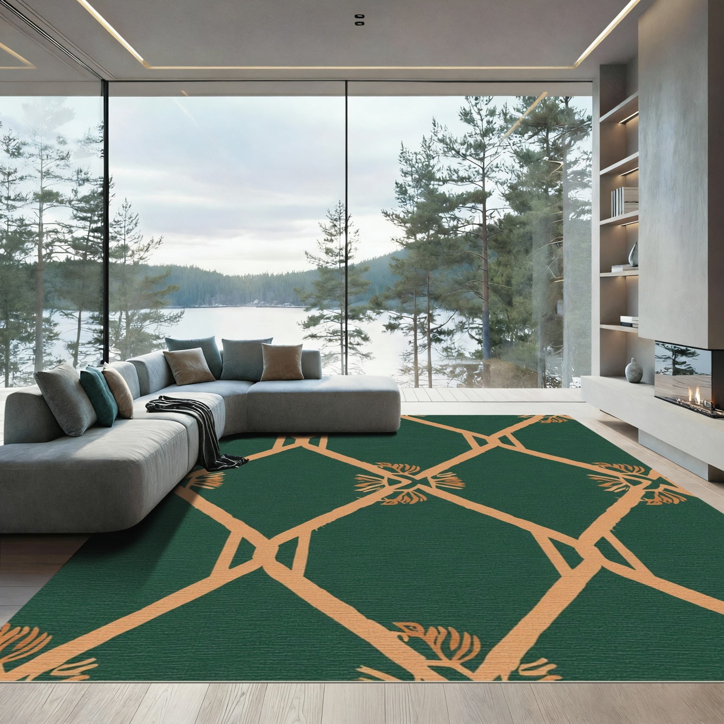 Emerald Orange Geometric Floral Lattice Rug