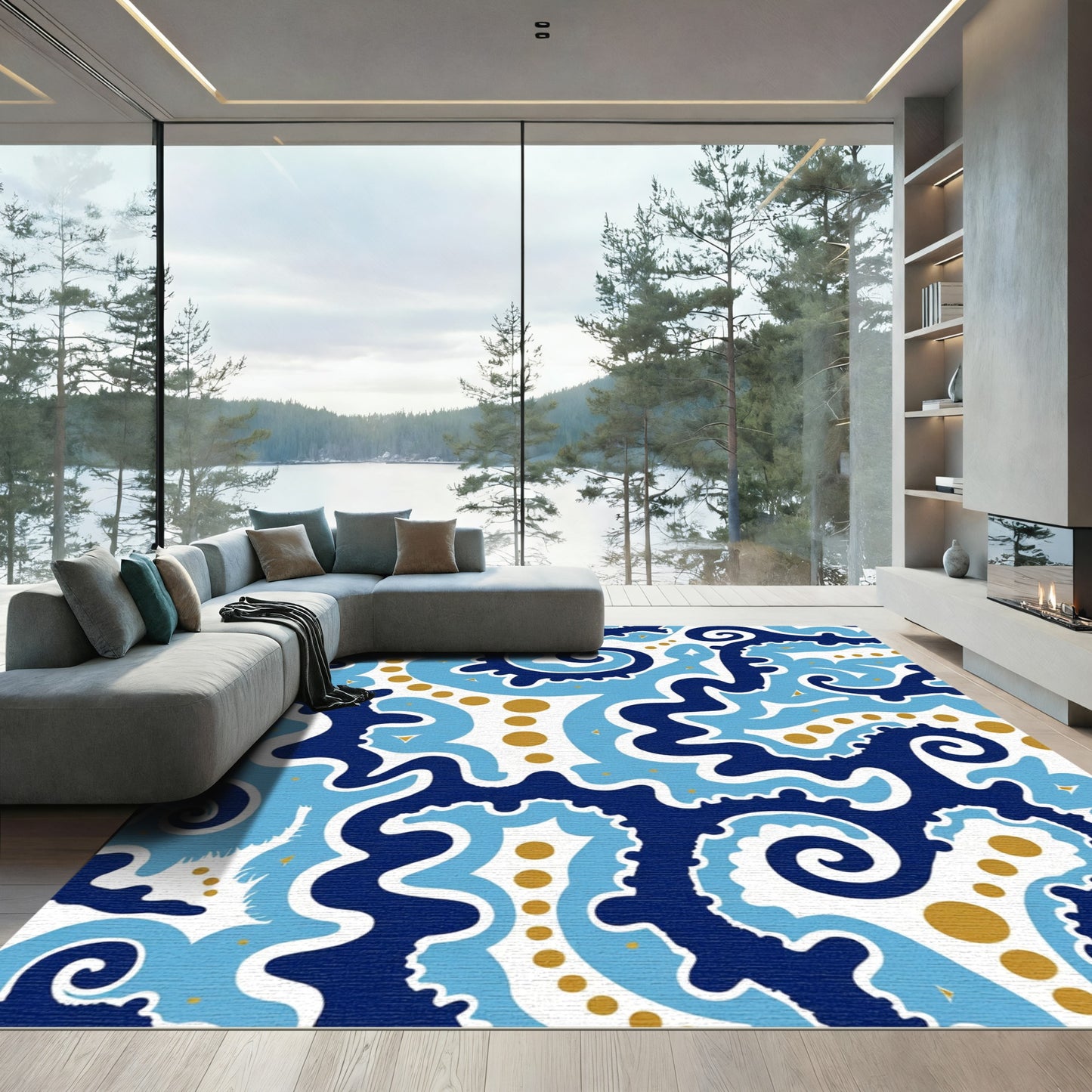 Navy Light Blue Gold Swirls Rug