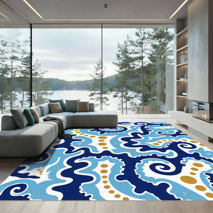 Navy Light Blue Gold Swirls Rug