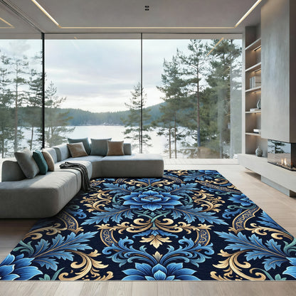 Deep Blue Golden Baroque Floral Rug