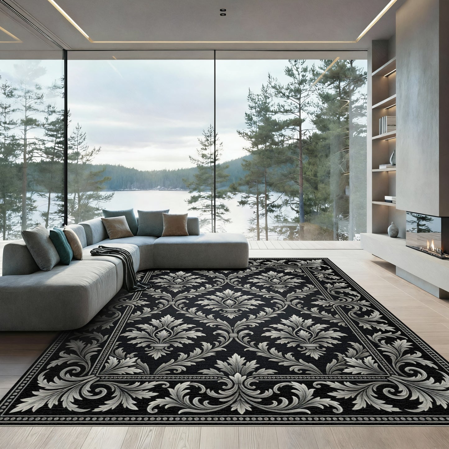 Elaborate Silver Scrollwork Damask Black Rug
