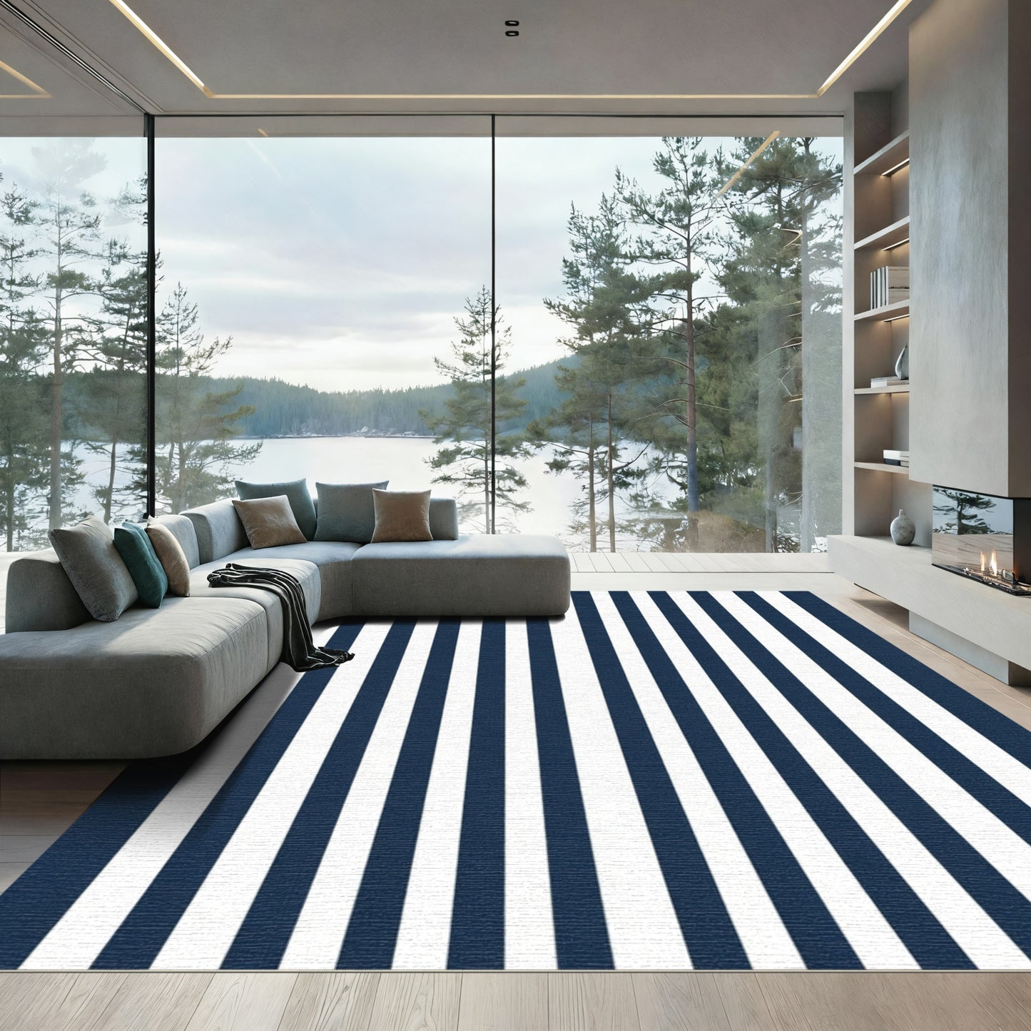 Classic Navy White Vertical Stripes Rug