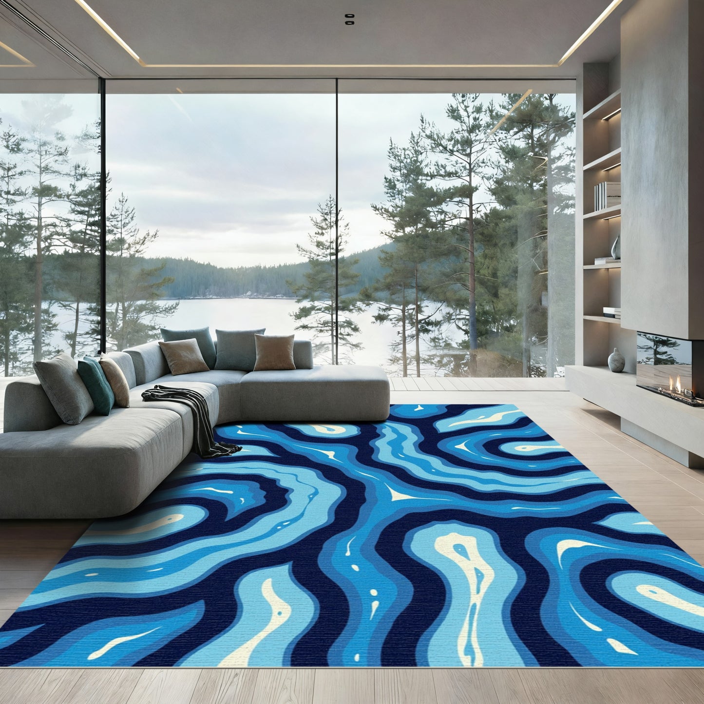 Deep Blue Water Swirl Abstraction Rug
