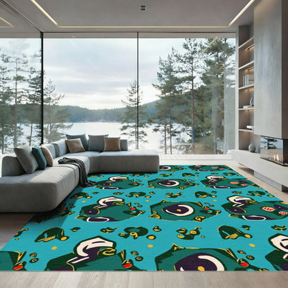 Whimsical Teal Abstract Creature Collage Rug