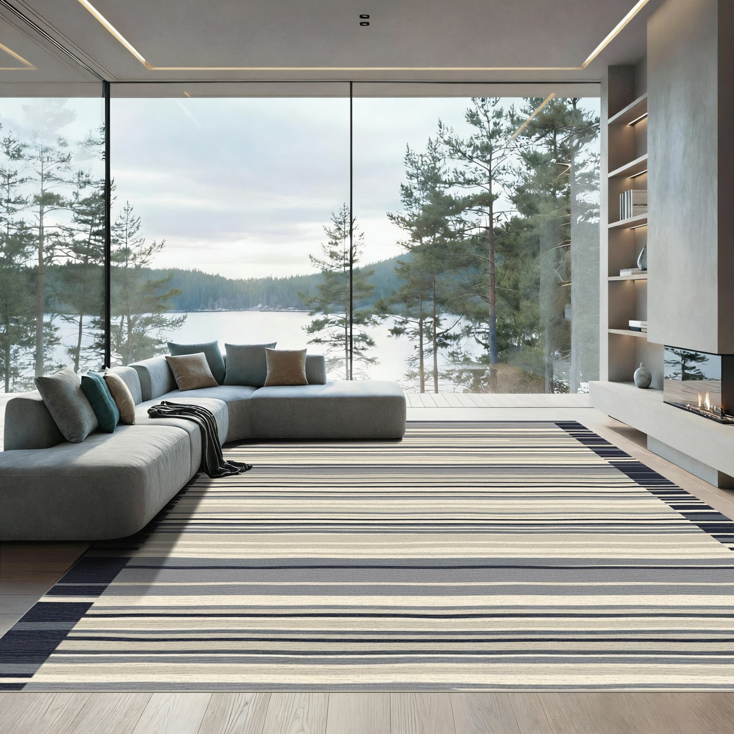 Gray Beige Horizontal Stripe Rug