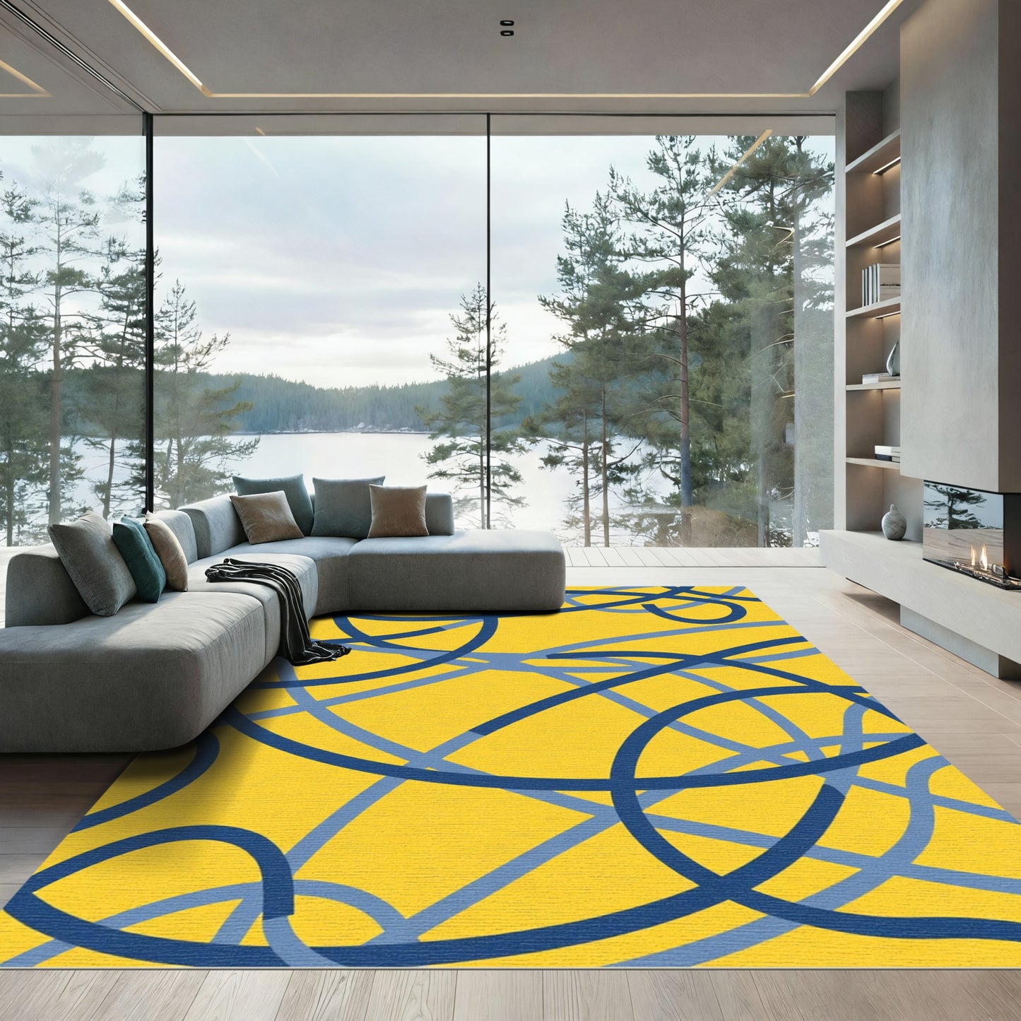 Vibrant Yellow Blue Intertwined Lines Rug