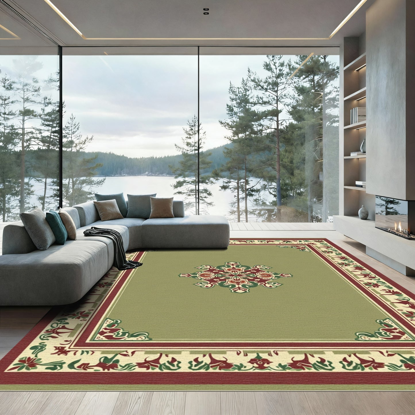 Sage Green Crimson Floral Medallion Rug