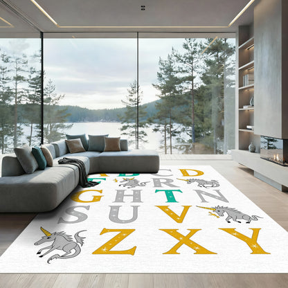 Yellow Gray Teal Unicorn Alphabet Rug