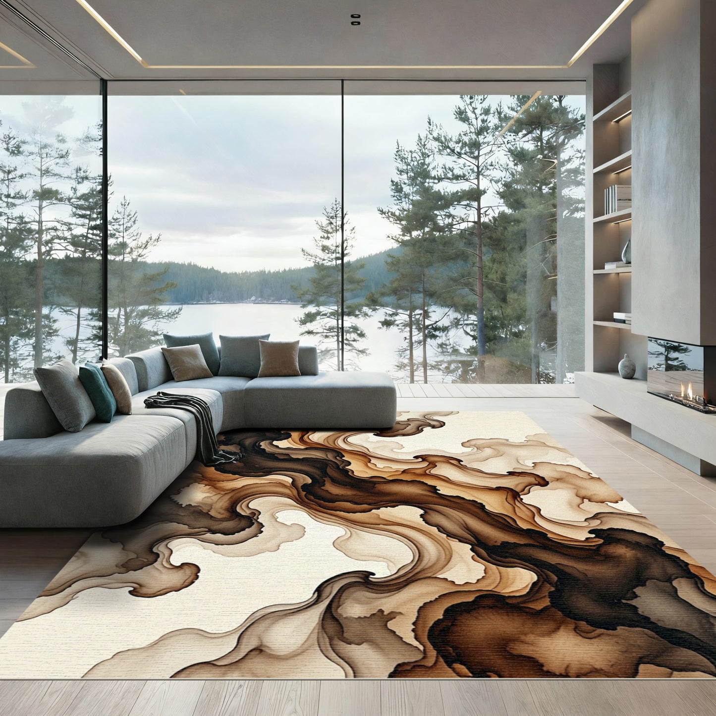 Brown Abstract Ink Flow Swirls Rug