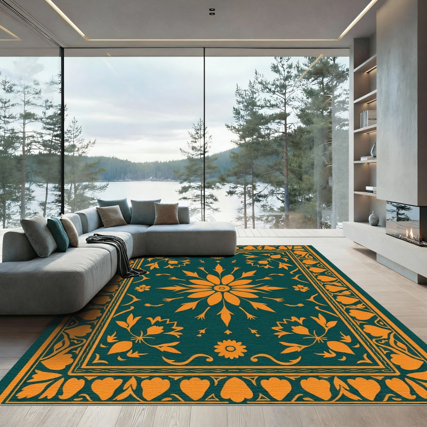 Deep Teal Orange Floral Medallion Rug