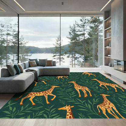 Whimsical Giraffes Amongst Green Foliage Rug