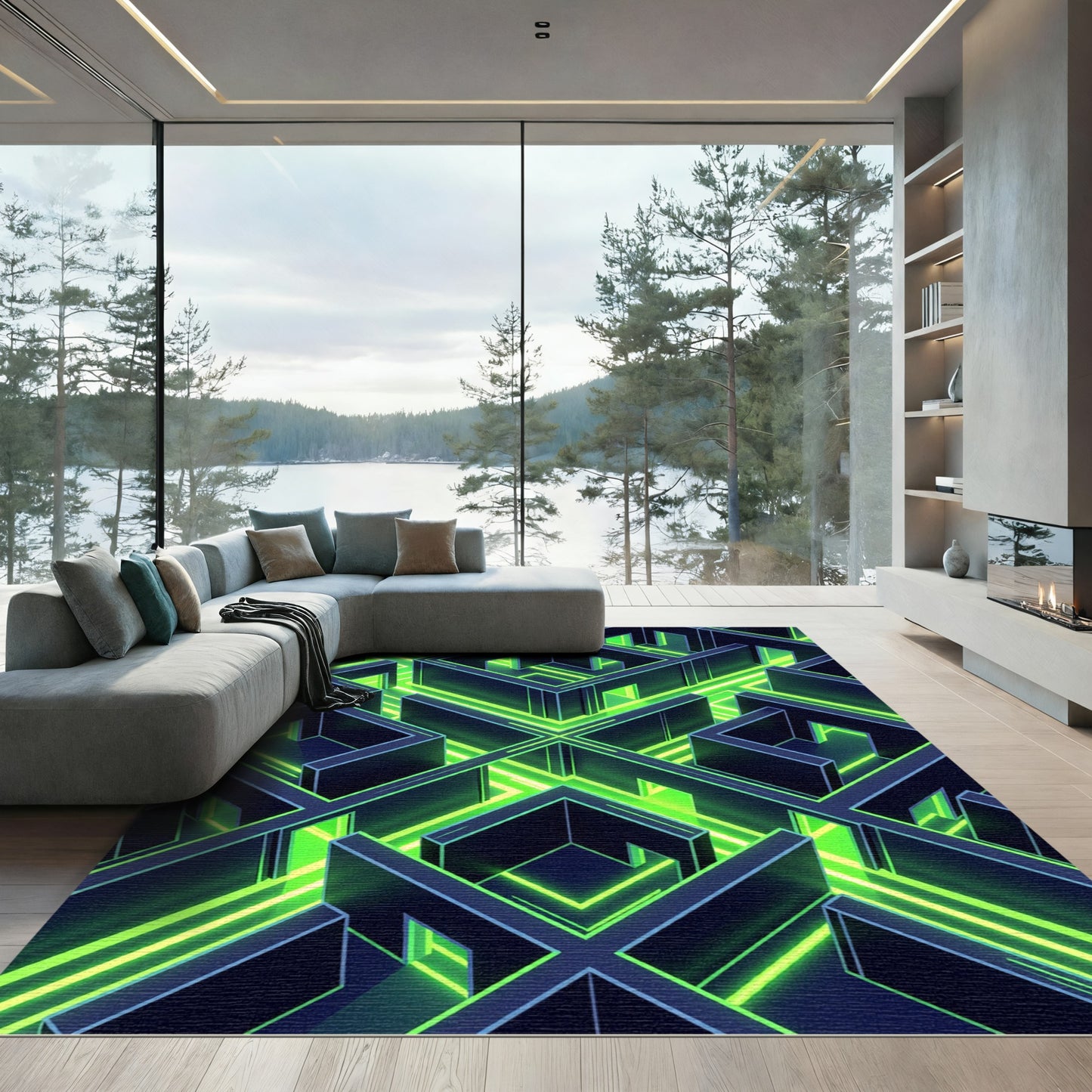 Neon Cyber Labyrinth Geometric Grid Rug