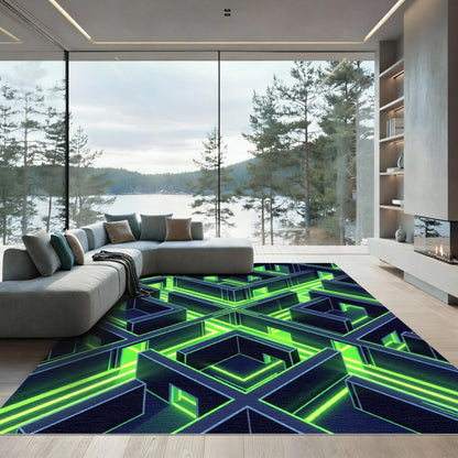 Neon Cyber Labyrinth Geometric Grid Rug